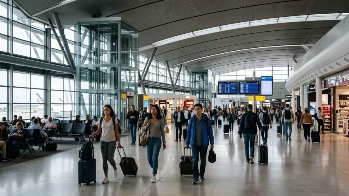 Paris CDG Transit passengers walking through the main terminal at Charles de Gaulle Airport before connecting flights.