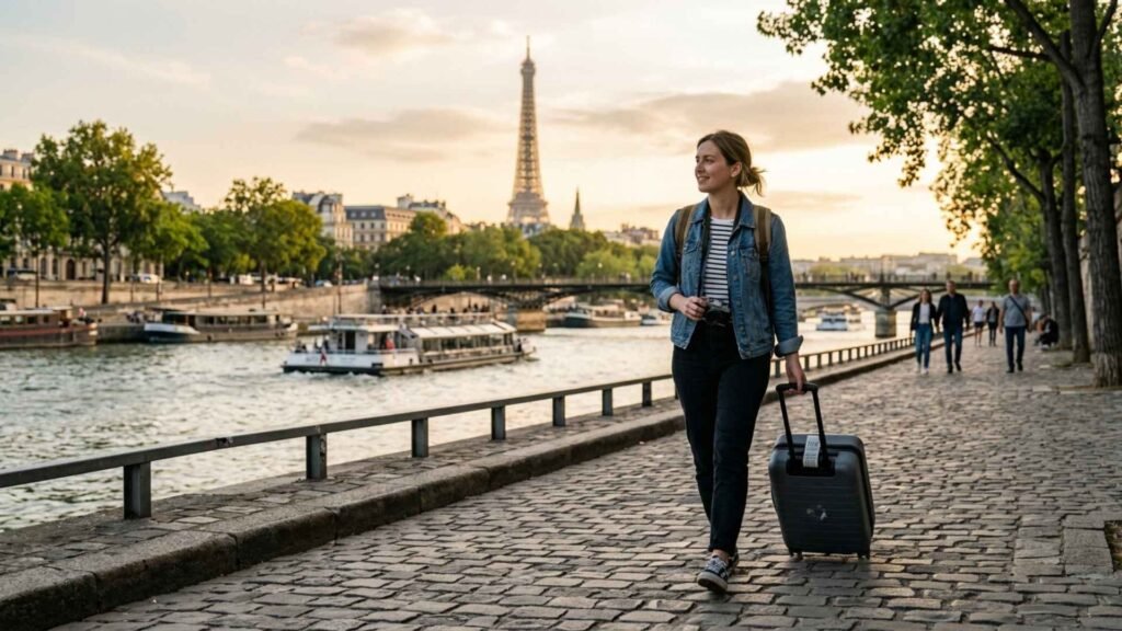 Traveler exploring the Seine River and Eiffel Tower during a long layover after leaving Paris Charles de Gaulle Airport.