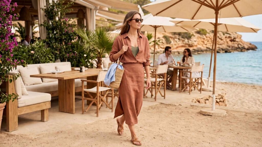 Woman wearing a polished linen resort outfit and flat sandals at an elegant Ibiza beach club