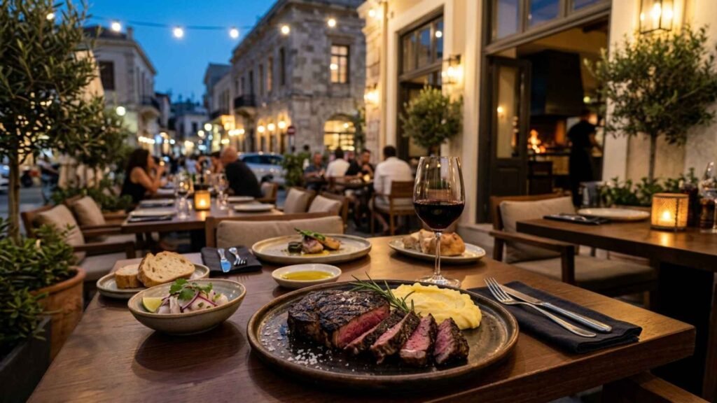 Charcoal-grilled Black Angus steak with mashed potatoes and red wine at an outdoor restaurant