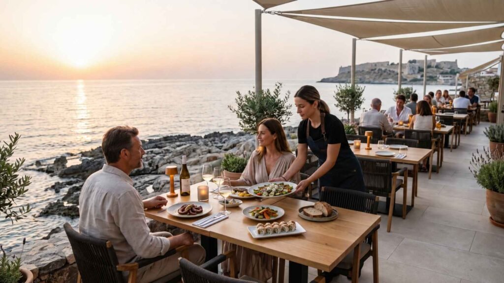 Couple enjoying seafood and Cretan wine at sunset on Prima Plora’s seafront terrace overlooking Rethymno’s Fortezza