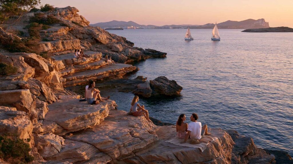 Travelers relaxing on Punta Galera’s layered coastal rocks beside the calm Mediterranean during golden hour