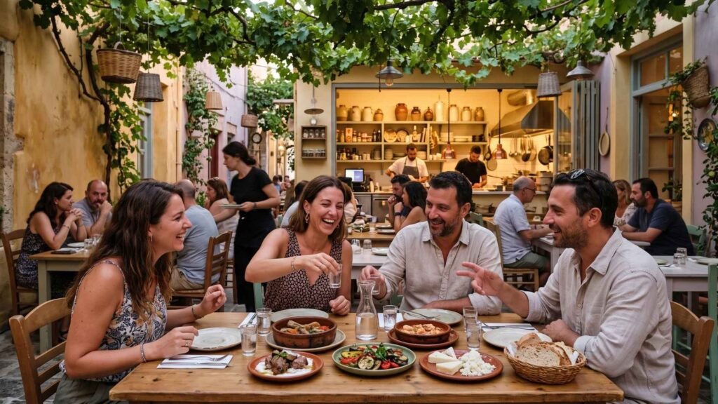 Friends sharing Cretan meze and tsikoudia beneath grapevines at 1600 Raki Ba Raki in Rethymno Old Town