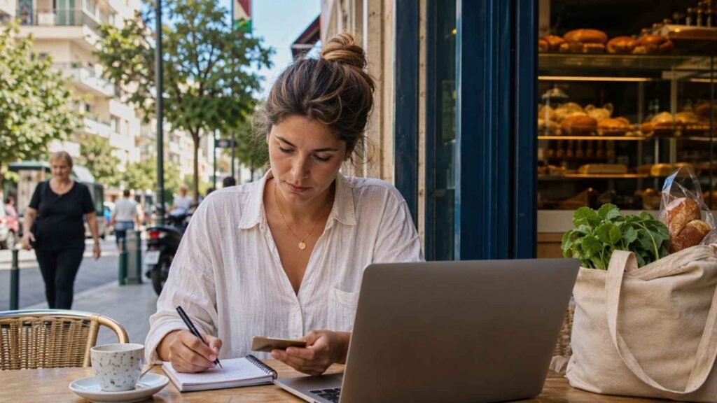 Remote worker planning the Greece Digital Nomad Visa cost of living with a bank card, notebook, laptop, groceries, and coffee