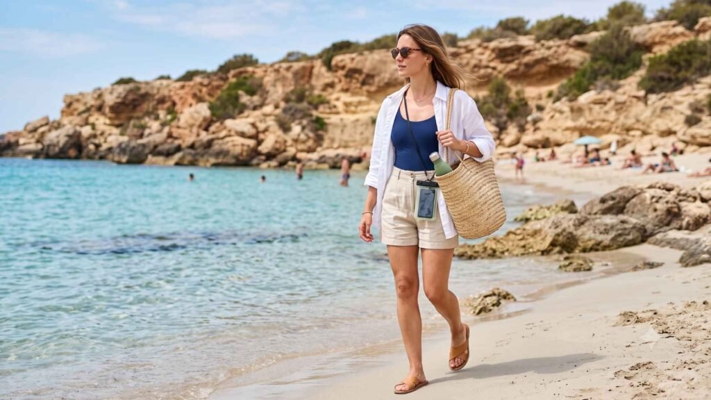 Woman in a swimsuit, linen shirt and shorts walking along a turquoise Ibiza beach with a woven bag