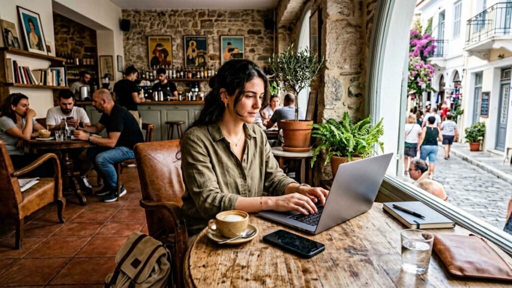 Digital nomad working from a café in Athens using a laptop and smartphone with reliable internet for remote work.