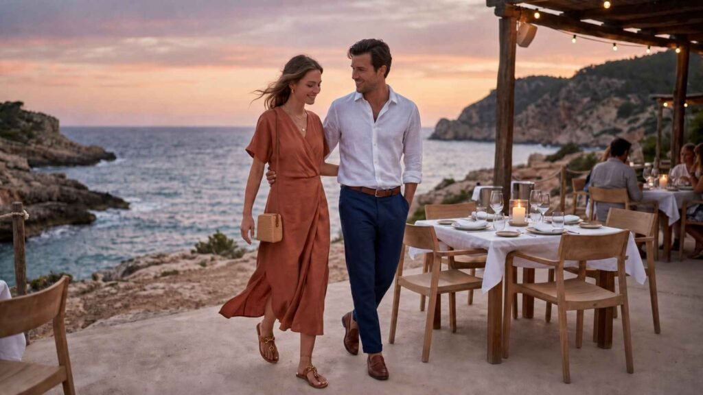 Stylish couple in elegant resort outfits arriving for a romantic sunset dinner at a coastal restaurant in Ibiza