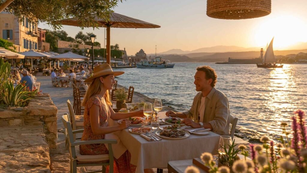 Couple enjoying fresh seafood and local wine during sunset at a waterfront restaurant overlooking the sea in Chania, Crete.