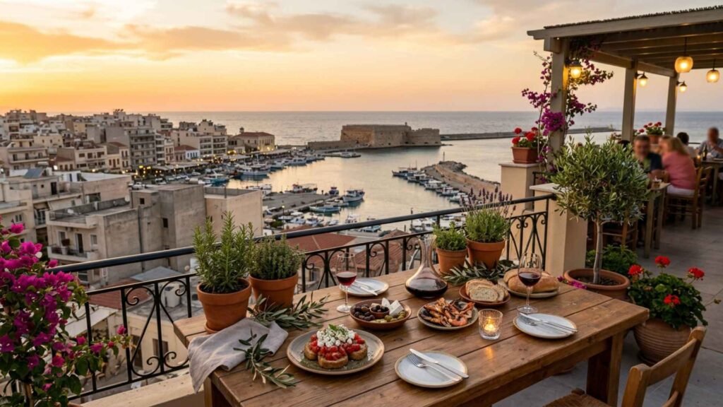Rooftop dining overlooking Heraklion’s Venetian harbor and Koules Fortress at sunset