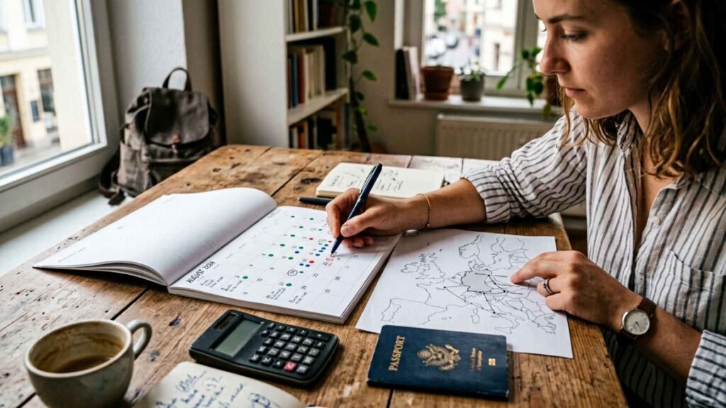 Traveler marking dates on a calendar while calculating the Schengen 90/180-day rule with a map of Europe.