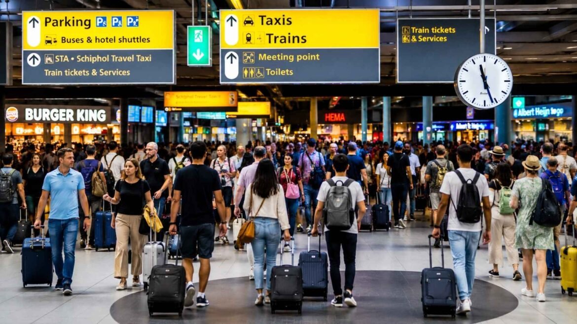 Amsterdam Schiphol to Amsterdam City Center transportation inside Schiphol Airport with travelers following train and taxi signs.