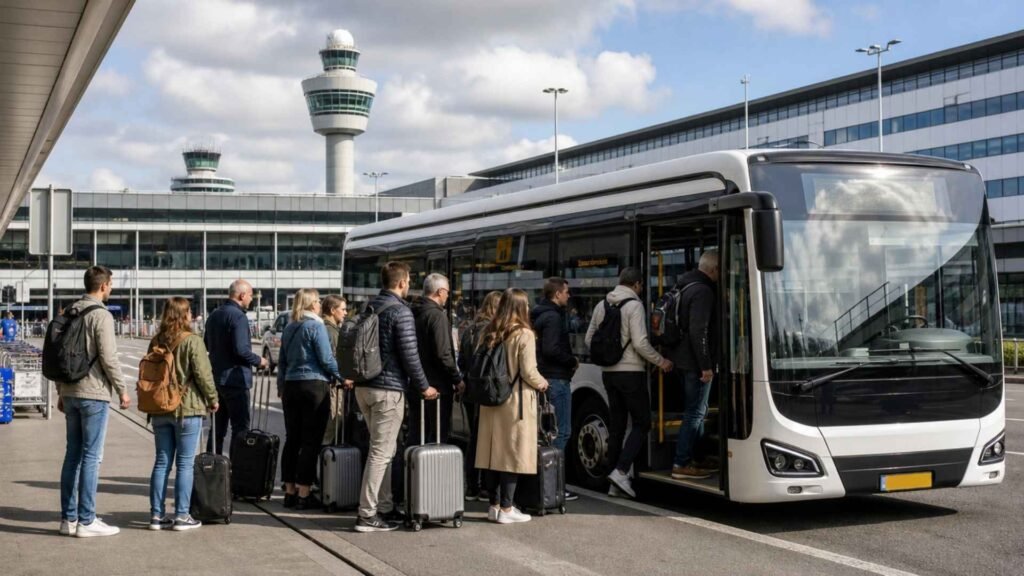 Travelers boarding an airport express bus outside Amsterdam Schiphol Airport with luggage before heading to central Amsterdam.