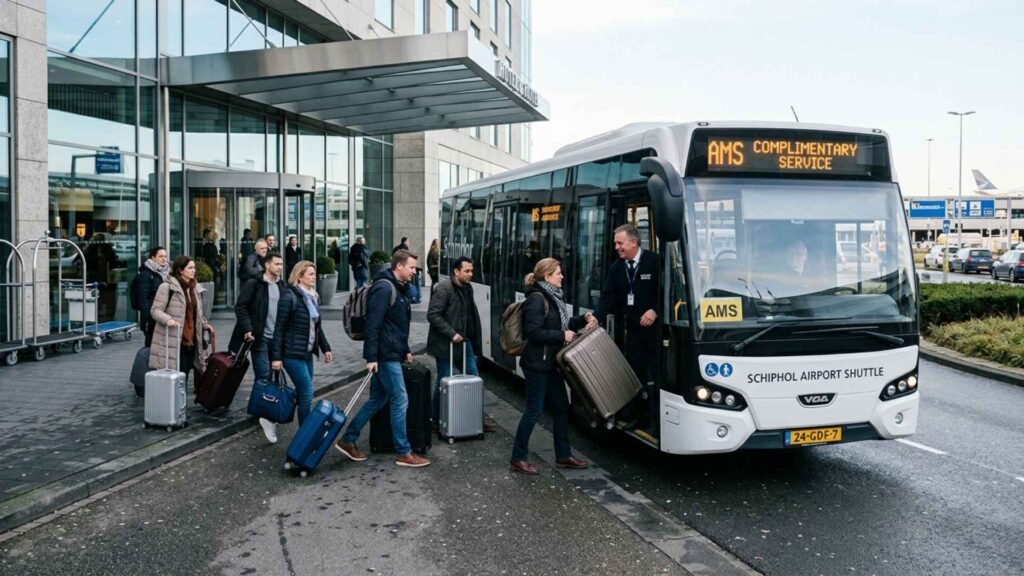 Travelers boarding a complimentary airport shuttle outside a hotel near Amsterdam Schiphol Airport with luggage before their flight.