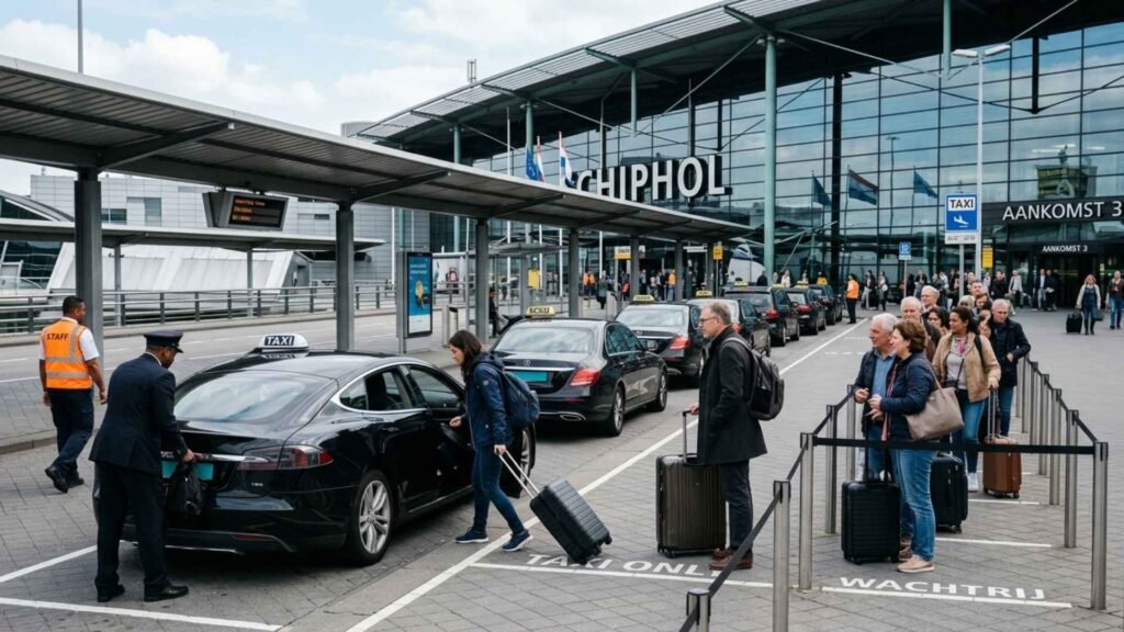 Travelers waiting at the official taxi rank outside Amsterdam Schiphol Airport before traveling to central Amsterdam.