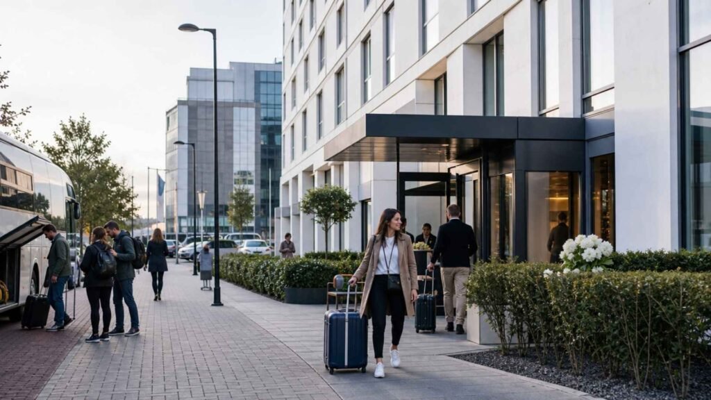 Travelers arriving at a modern budget hotel near Amsterdam Schiphol Airport with luggage and a complimentary airport shuttle waiting outside.