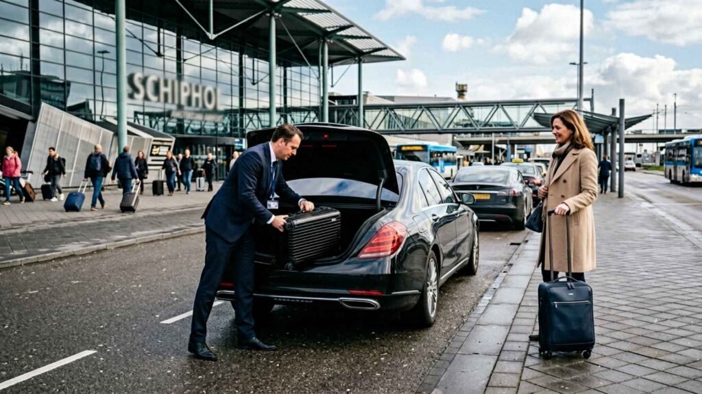 A private transfer driver loads a traveler's luggage into a premium vehicle outside Amsterdam Schiphol Airport.