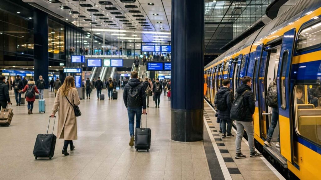 Travelers walking through Schiphol Railway Station toward an NS train platform with rolling luggage before departing for central Amsterdam.