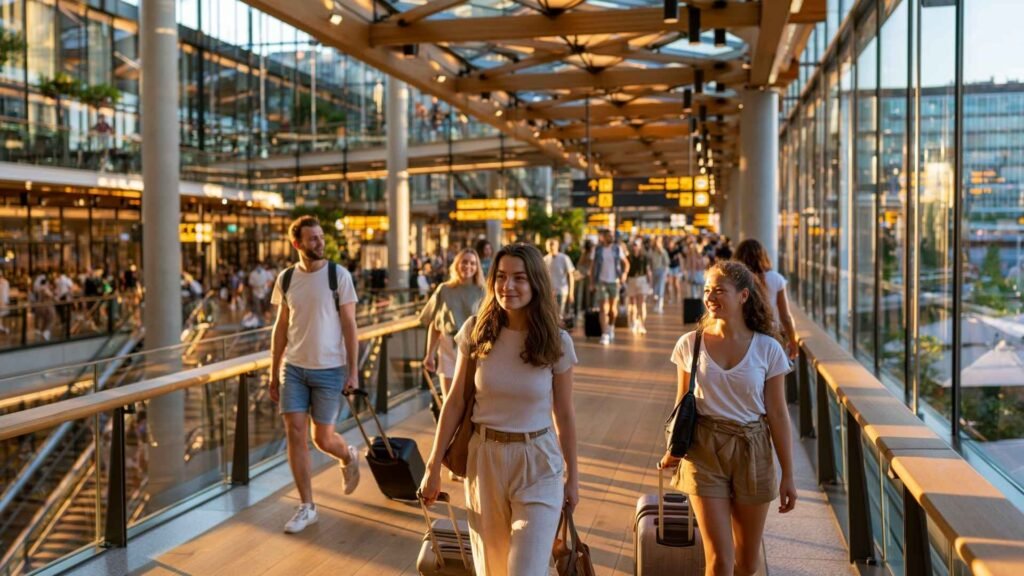 Travelers walking through a covered pedestrian walkway connecting a premium airport hotel directly to the Amsterdam Schiphol Airport terminal.