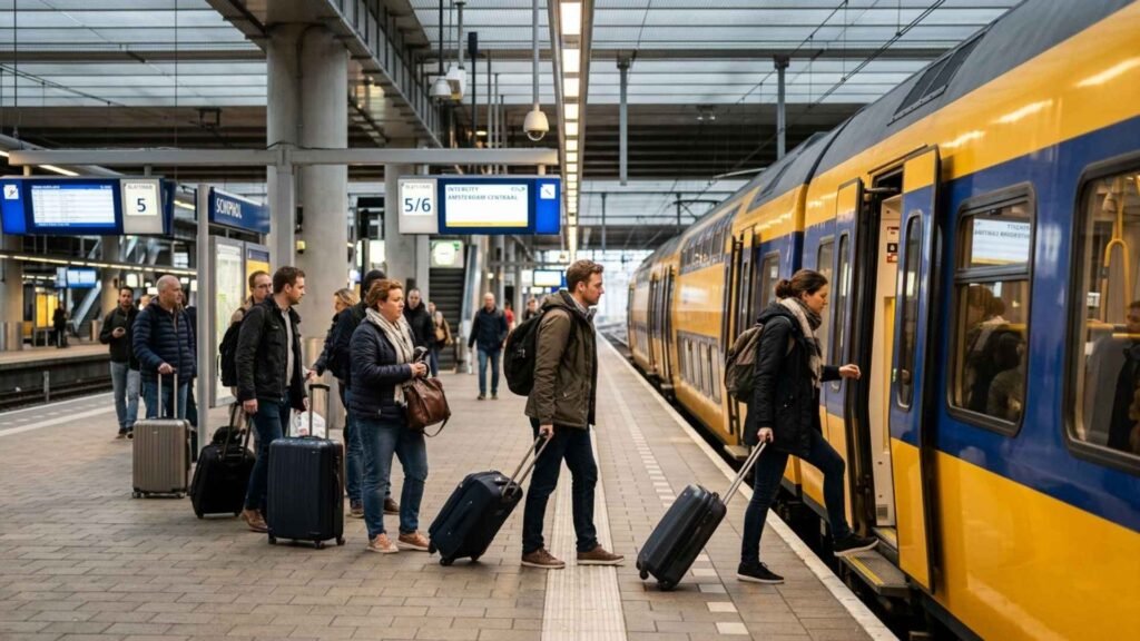 Travelers boarding a train at Amsterdam Schiphol Airport railway station for the journey to Amsterdam city center with rolling luggage.