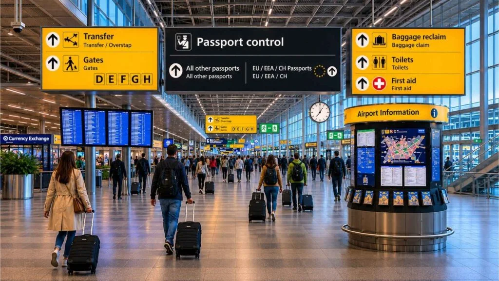 International travelers following transfer and passport control signs inside Amsterdam Schiphol Airport