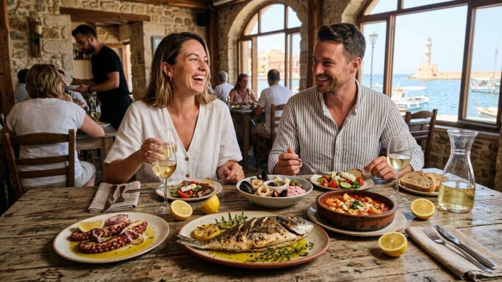 Travelers enjoying fresh seafood and authentic Cretan dishes at a waterfront restaurant overlooking Chania's Venetian Harbor.
