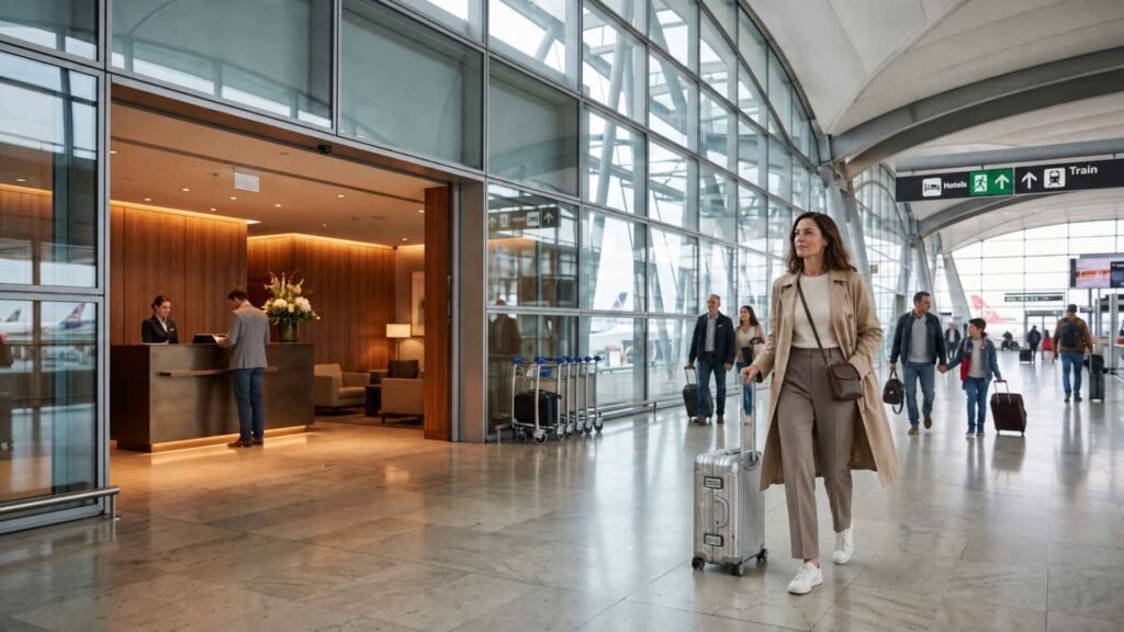 Female traveler walking from Paris CDG Terminal 2 toward the connected Sheraton airport hotel reception with a rolling suitcase
