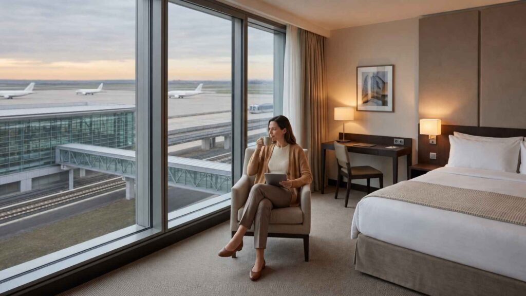 Female traveler relaxing in a soundproof airport hotel room overlooking Terminal 2 at Paris Charles de Gaulle Airport