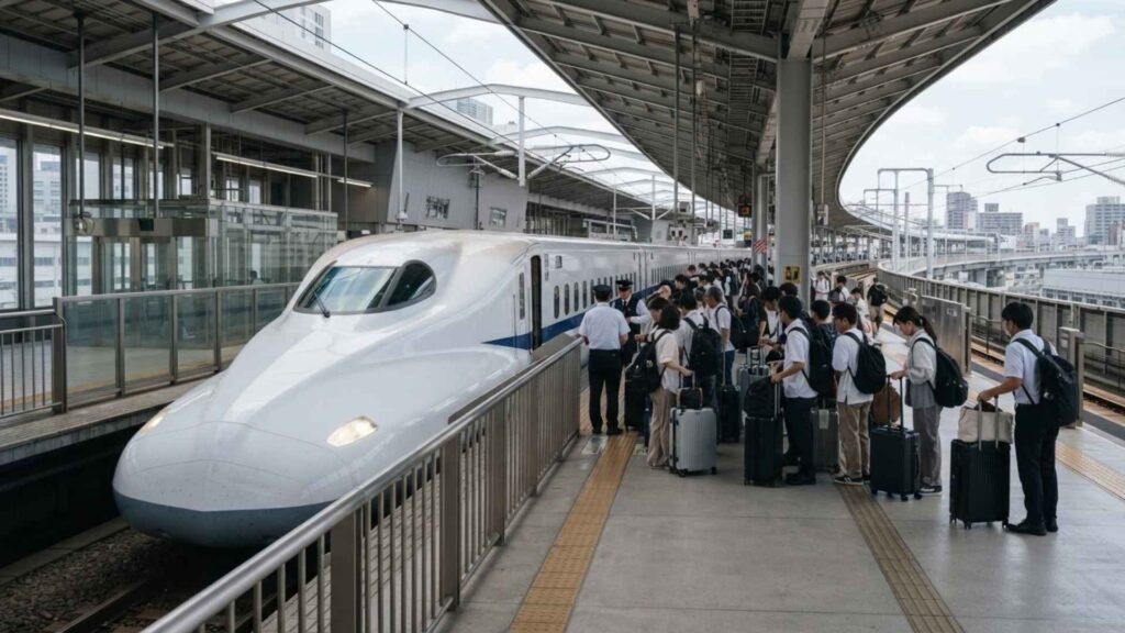 Passengers boarding a Shinkansen bullet train at a modern railway platform before departing on a long-distance journey across Japan.