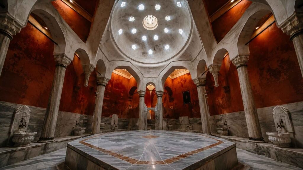 Historic Ottoman dome, marble columns, and central göbek taşı inside Süleymaniye Hamamı showcasing Mimar Sinan's architectural design.