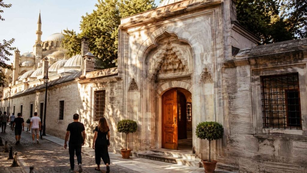 Historic entrance to Süleymaniye Hamamı within the Süleymaniye Mosque complex in Istanbul's Fatih district.