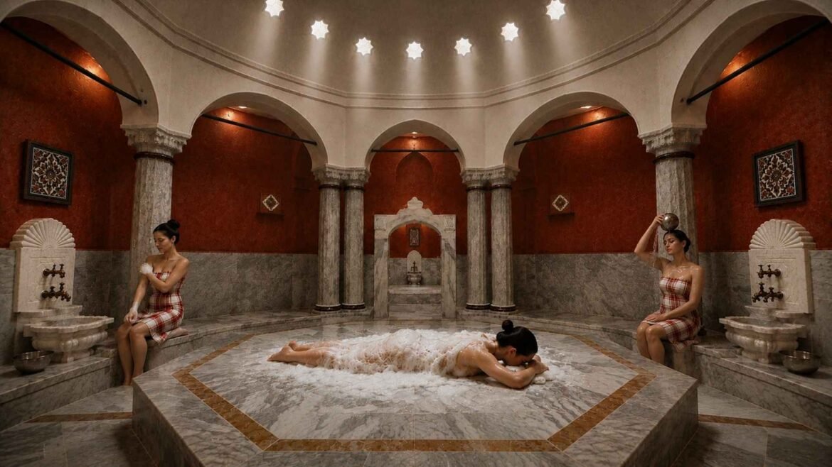 Süleymaniye Hamamı interior featuring the marble göbek taşı beneath the Ottoman dome during a traditional Turkish bath experience in Istanbul.