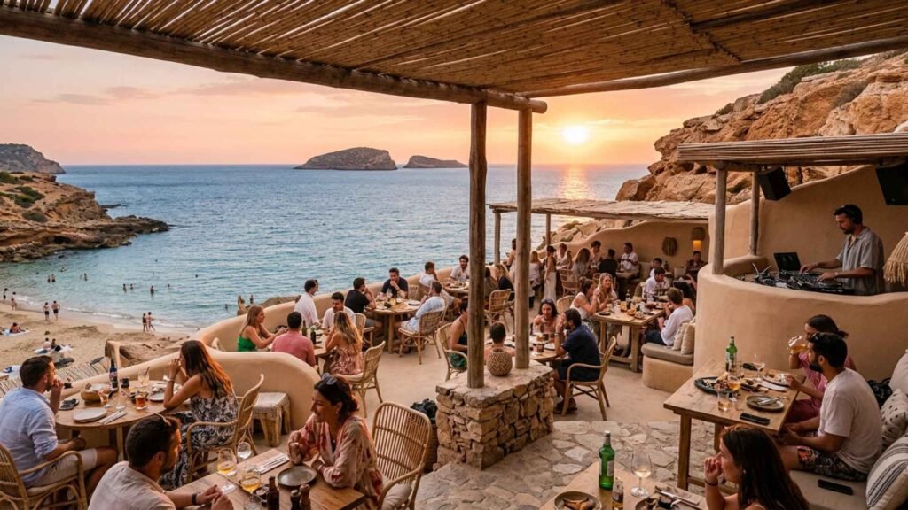 Sunset Cala Conta terrace overlooking Cala Comte, with guests enjoying drinks, music and panoramic Ibiza sunset views