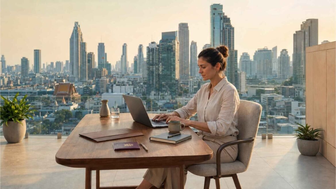 Thailand Digital Nomad Visa applicant working on a laptop at a rooftop workspace overlooking the Bangkok skyline