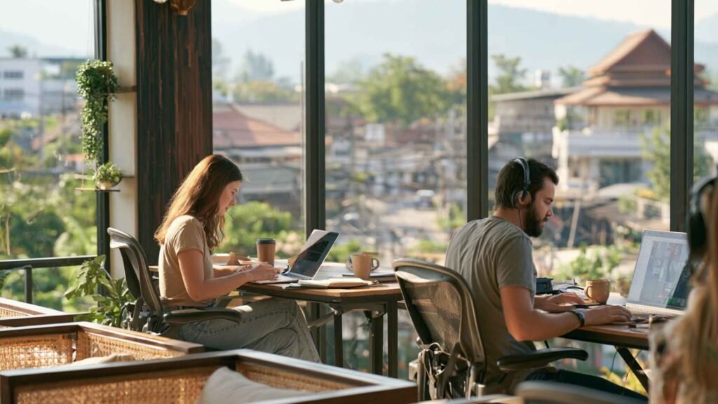 International remote professionals working independently in a contemporary coworking space in Chiang Mai, Thailand