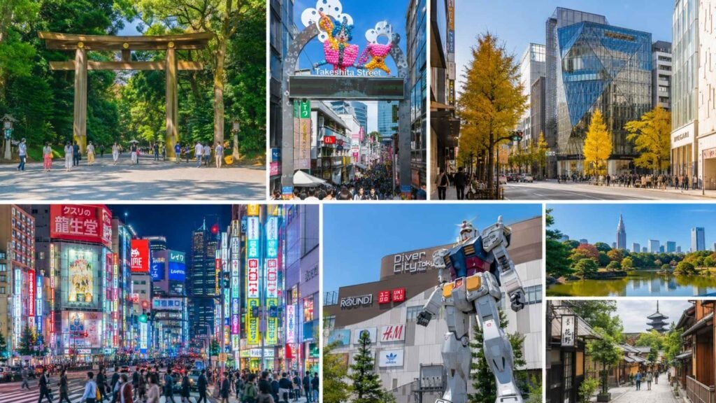 Tokyo itinerary featuring Meiji Jingu, Harajuku, Omotesando, Shinjuku, Odaiba, Shinjuku Gyoen, and Yanaka.