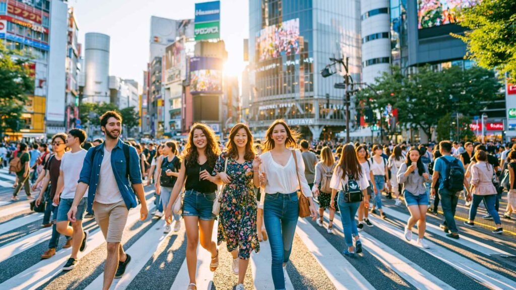 Travelers walking through Shibuya Crossing in Tokyo during the afternoon, capturing the city's vibrant atmosphere on a first visit to Japan.