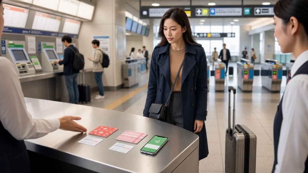 Japan IC Card options for tourists displayed at an airport railway counter with two physical cards and one mobile alternative.