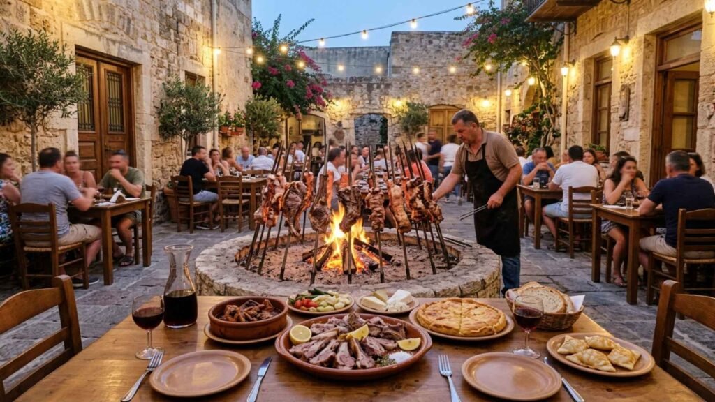 Cretan antikristo meat cooking on upright skewers around an open fire