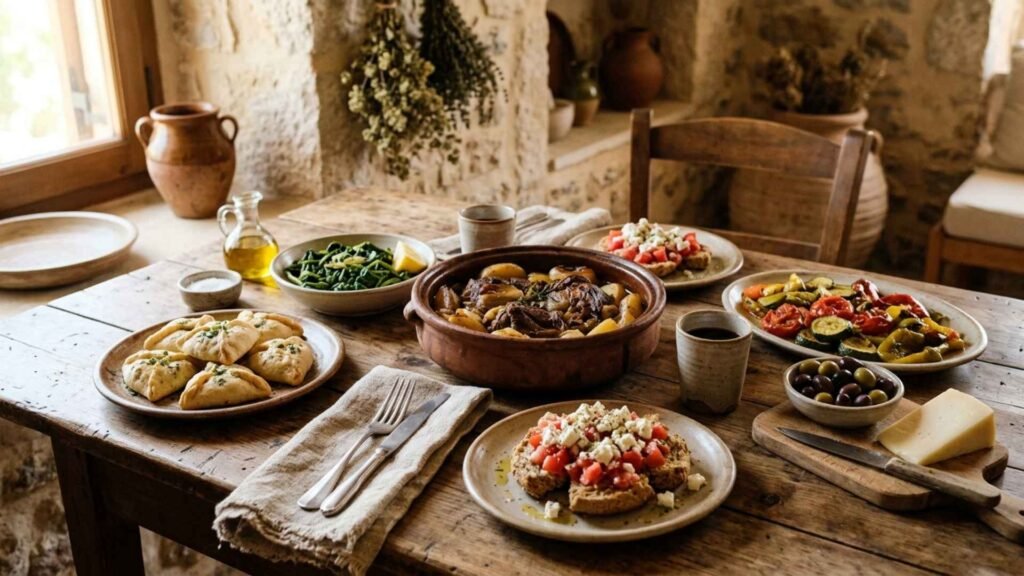 Traditional Cretan farm-to-table meal with slow-cooked meat, pies, dakos and seasonal vegetables