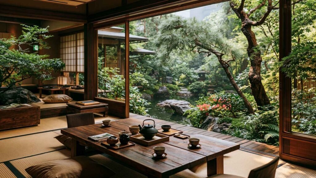 Traditional Japanese ryokan room featuring tatami flooring, a low tea table, and a peaceful garden viewed through open shoji doors.