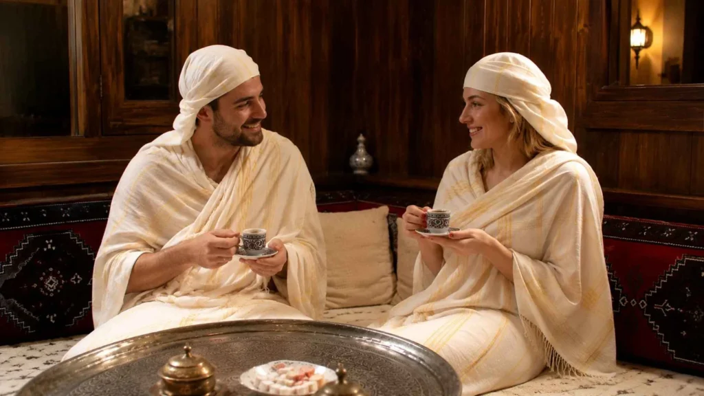 Turkish Bath Guide image showing a couple wrapped in peştemals relaxing together with Turkish coffee after a hammam experience