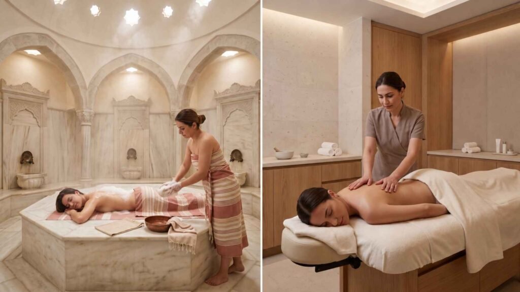 Side-by-side comparison of a traditional Turkish bath foam treatment and a private massage in a modern spa