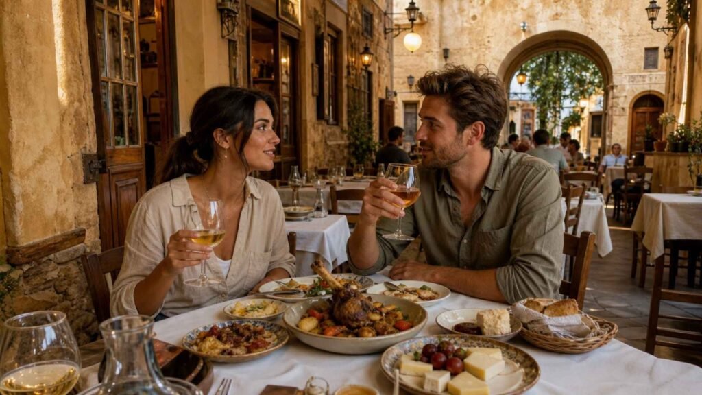 Couple enjoying authentic Cretan cuisine at a traditional Venetian-style restaurant in Chania Old Town, Crete.