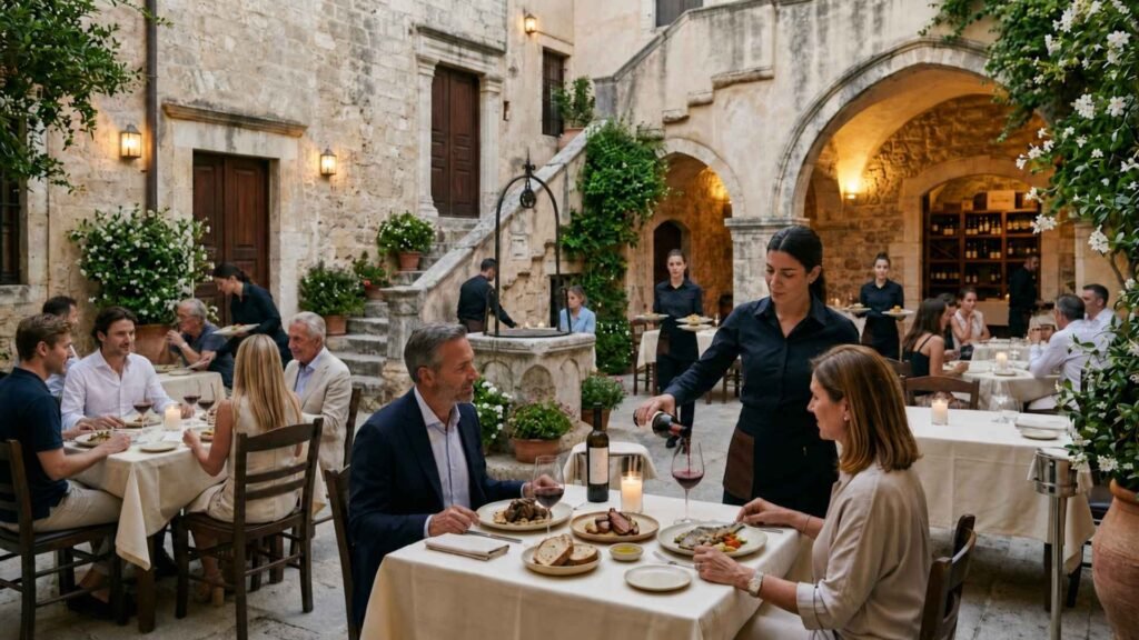 Female sommelier pouring Cretan wine for diners in the historic courtyard of Veneto Wine Restaurant in Rethymno Old Town