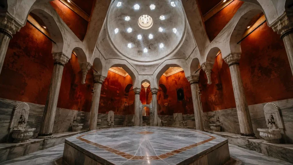 What is a Turkish bath interior with a central marble göbek taşı, domed ceiling, star-shaped skylights, arches, and bathing basins
