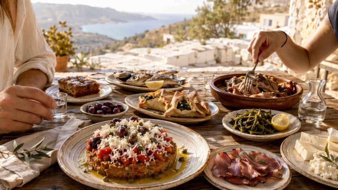 What to Eat in Crete featuring dakos, local cheeses, grilled fish, wild greens, apaki, and traditional pies on a sunlit taverna table.
