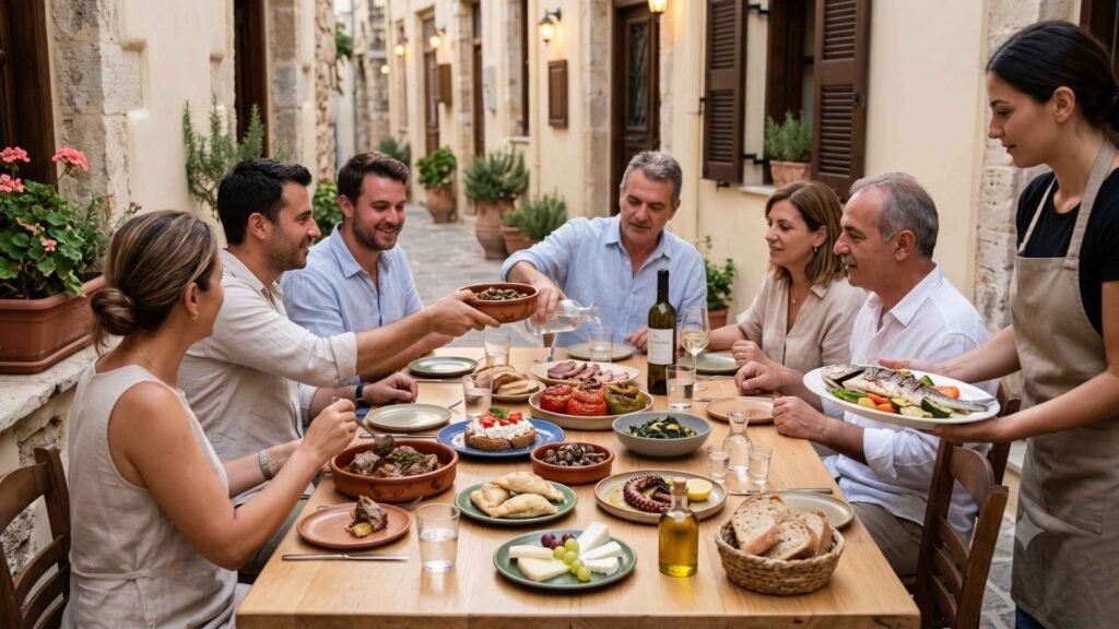 Diners sharing dakos, kalitsounia, grilled fish, octopus, lamb, and local cheese at a restaurant in Rethymno Old Town