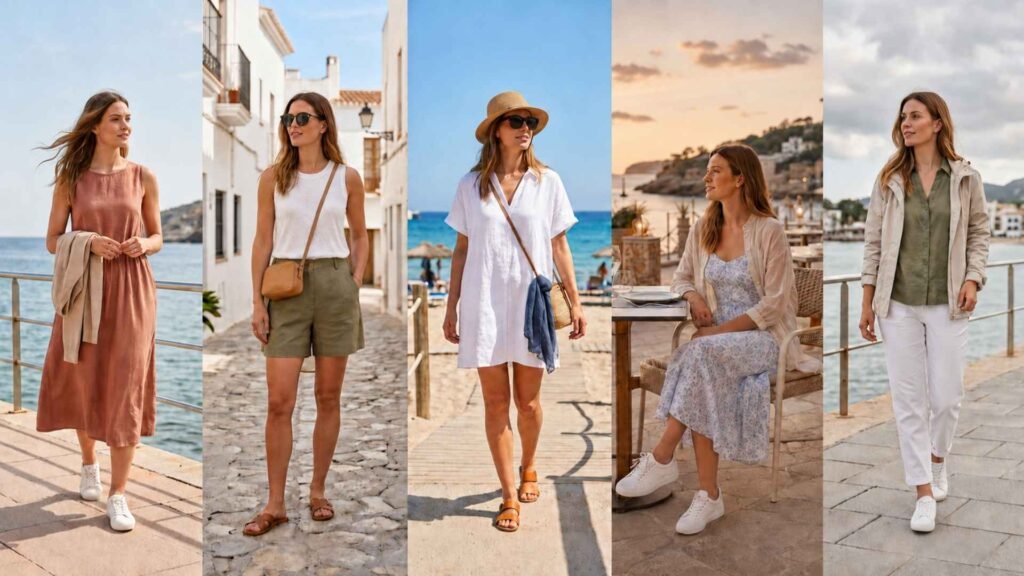 Five women wearing practical seasonal Ibiza outfits with lightweight summer clothing and layers for cooler spring and autumn weather