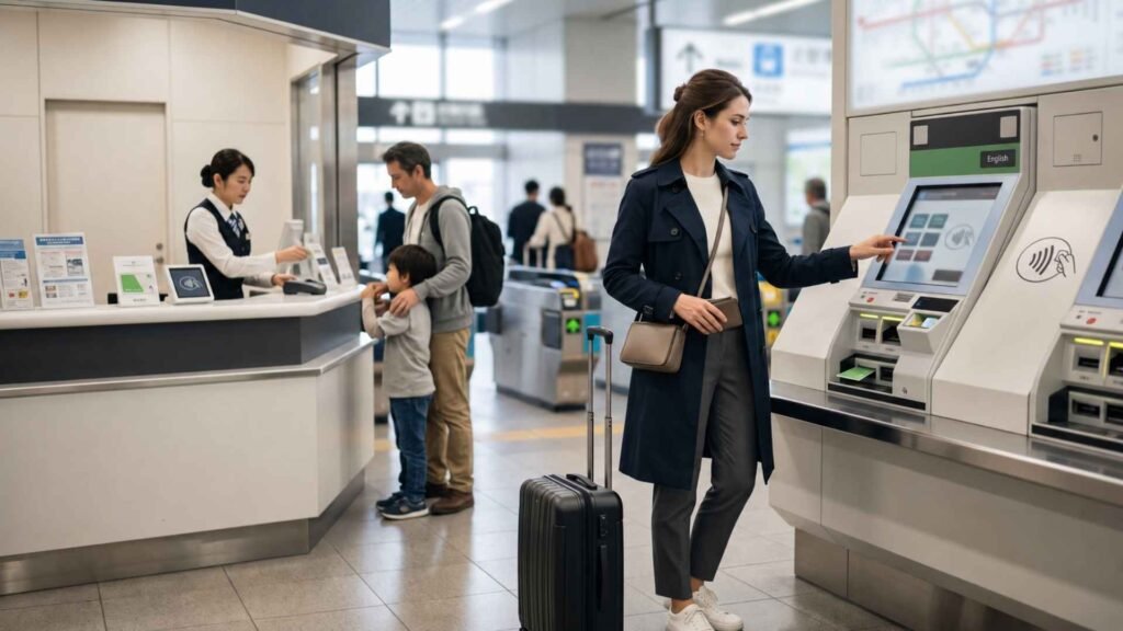 Traveler buying a Japan IC Card from a ticket machine beside a staffed railway counter at a major Japanese station.