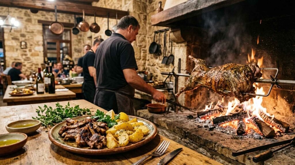 Traditional Cretan lamb roasting on a spit over an open wood fire